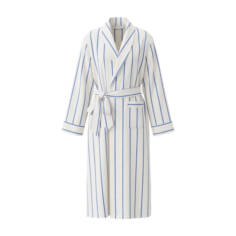 Peignoir long en coton à rayures bleues Ownkoti avec ceinture et poches - image 1