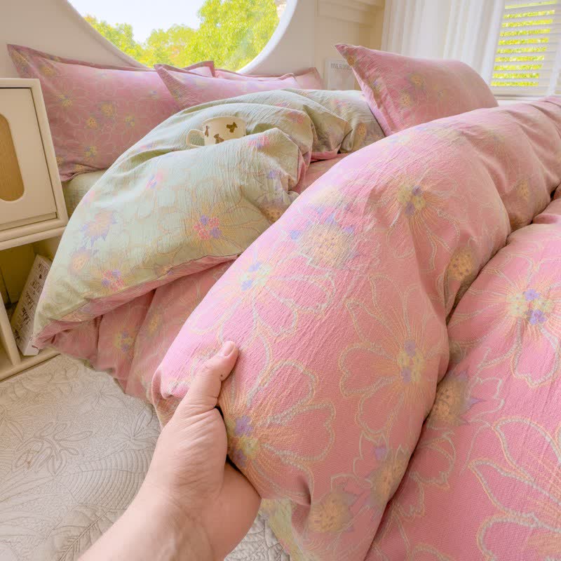 Linge de lit en double gaze de coton à motif floral pastel (ensemble 4 pièces) - image 1