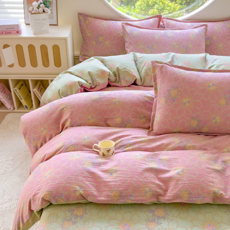 Linge de lit en double gaze de coton à motif floral pastel (ensemble 4 pièces) - 200 cm x 230 cm - image 0