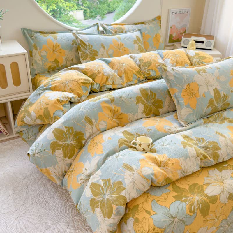 Linge de lit en double gaze de coton à motif de lys (ensemble de 4 pièces) - 200 cm x 230 cm - image 0