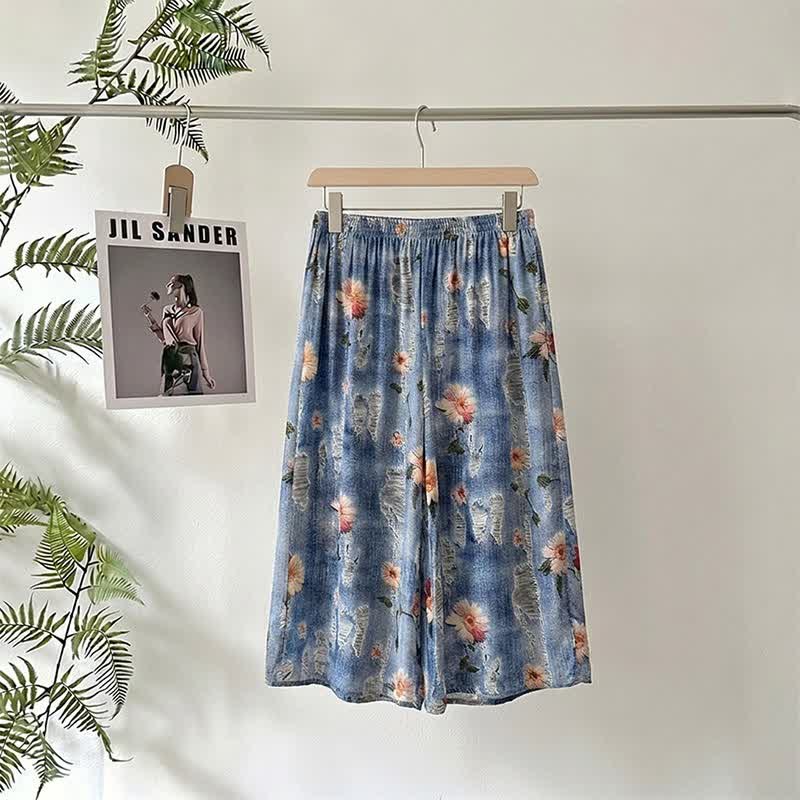 Pantalon de pyjama fleuri à motifs champêtres, coupe ample et courte - image 1