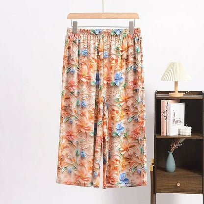 Pantalon de pyjama vintage à imprimé botanique, version courte - Orange - 6XL - image 0
