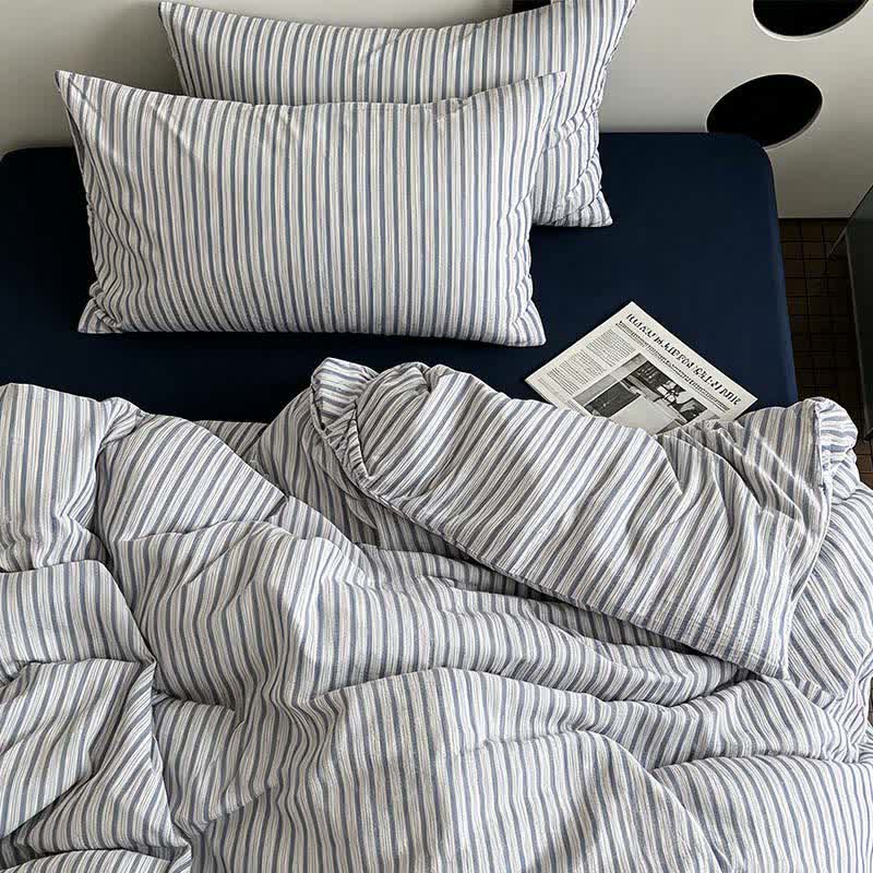 Parure de lit Ownkoti en coton lavé à rayures bleu français - Bleu - Roi - Drap-housse - image 0