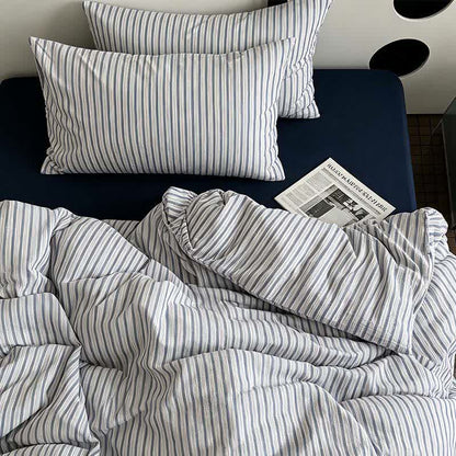Parure de lit Ownkoti en coton lavé à rayures bleu français - Bleu - Roi - Drap-housse - image 0