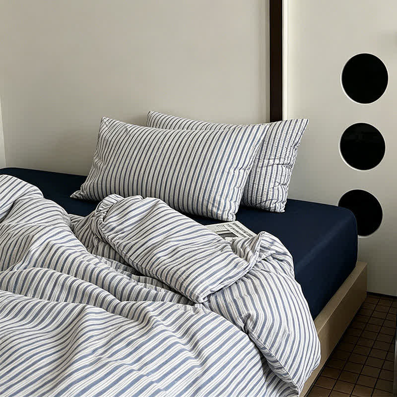 Parure de lit Ownkoti en coton lavé à rayures bleu français - image 2
