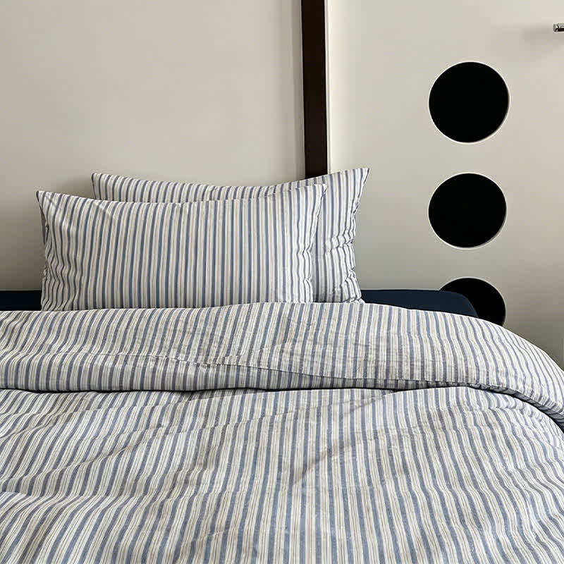 Parure de lit Ownkoti en coton lavé à rayures bleu français - image 1