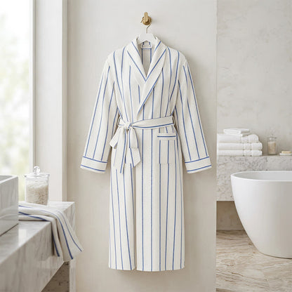 Peignoir long en coton à rayures bleues Ownkoti avec ceinture et poches - Bleu - Taille unique - image 0