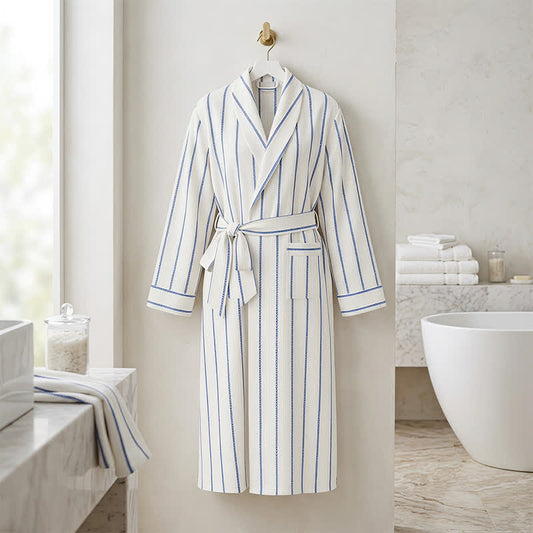Peignoir long en coton à rayures bleues Ownkoti avec ceinture et poches - Bleu - Taille unique - image 0