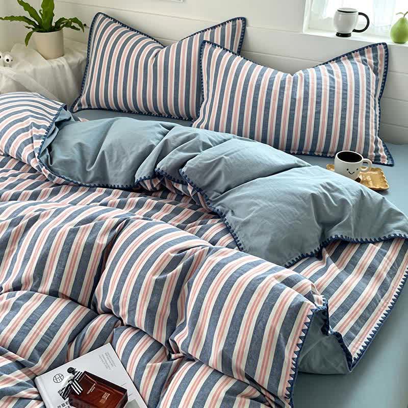 Ensemble de literie Ownkoti vintage à rayures festonnées - Gris et bleu - Roi - Drap-housse - image 0