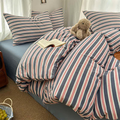 Ensemble de literie doux en double gaze à rayures minimalistes Ownkoti - Rouge et bleu - Roi - Housse de couette - image 0