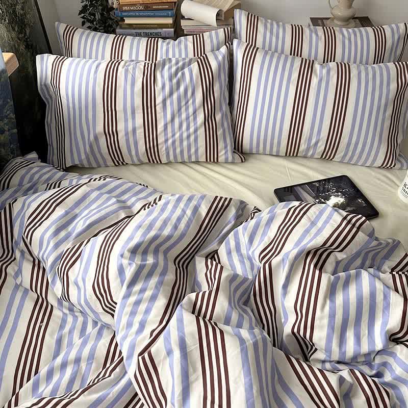 Ensemble de literie en coton à rayures bleues et brunes rétro Ownkoti - Bleu et moka - Roi - Drap-housse - image 0