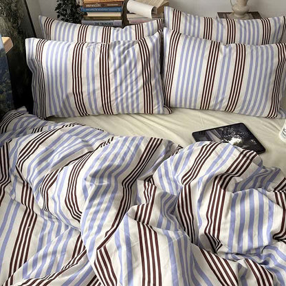 Ensemble de literie en coton à rayures bleues et brunes rétro Ownkoti - Bleu et moka - Roi - Drap-housse - image 0