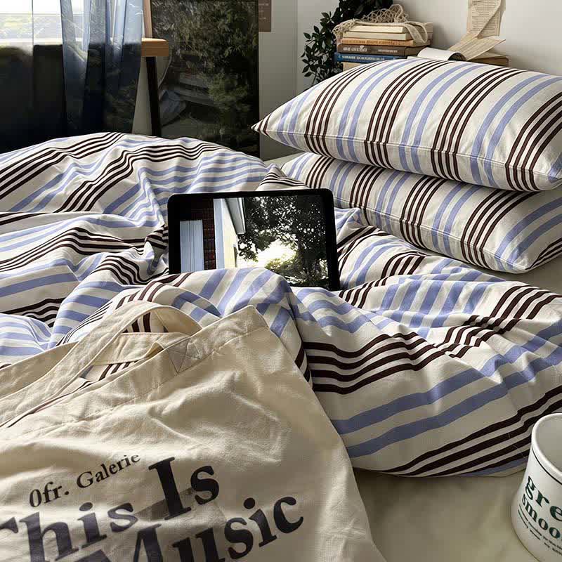 Ensemble de literie en coton à rayures bleues et brunes rétro Ownkoti - image 2
