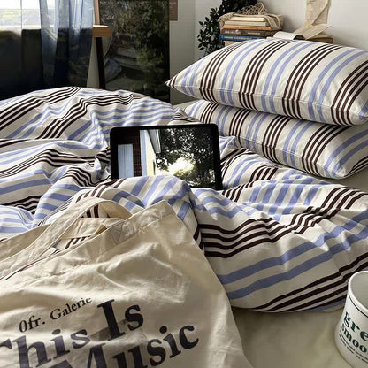 Ensemble de literie en coton à rayures bleues et brunes rétro Ownkoti - image 2
