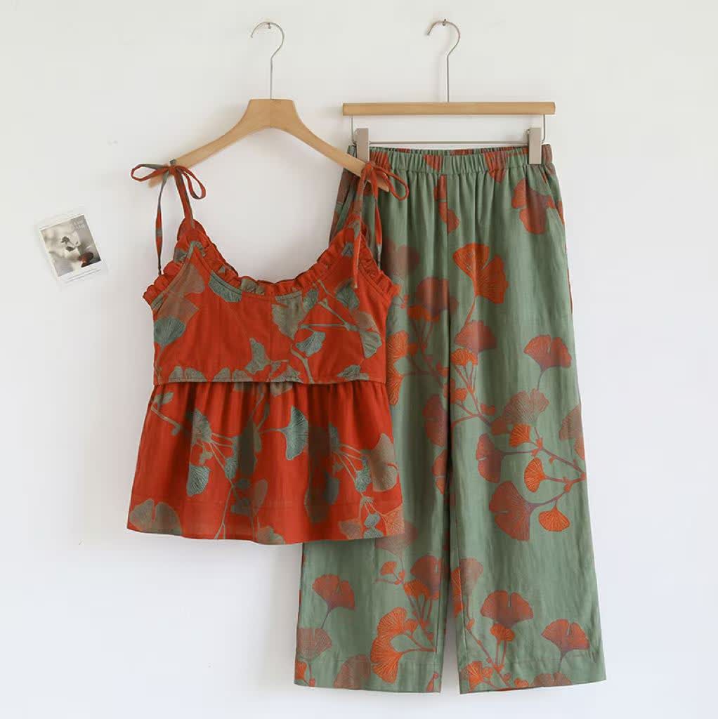 Ensemble pyjama à motif feuille de ginkgo avec volants et débardeur - image 9