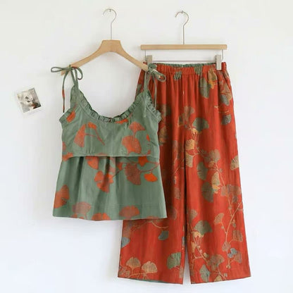 Ensemble pyjama à motif feuille de ginkgo avec volants et débardeur - image 13