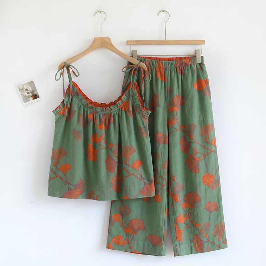 Ensemble pyjama à motif feuille de ginkgo avec volants et débardeur - Vert et orange - XL - image 8