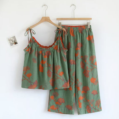 Ensemble pyjama à motif feuille de ginkgo avec volants et débardeur - Vert et orange - XL - image 8