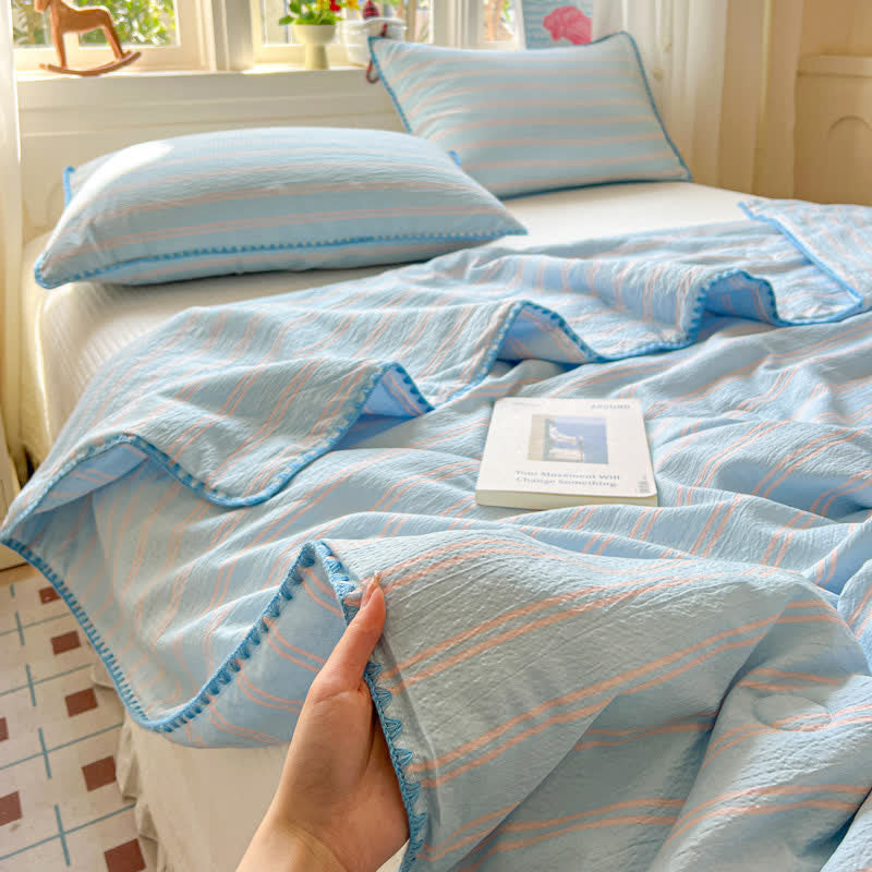 Couette en coton tricoté froissé à rayures menthe Ownkoti - Bleu - Reine - image 6
