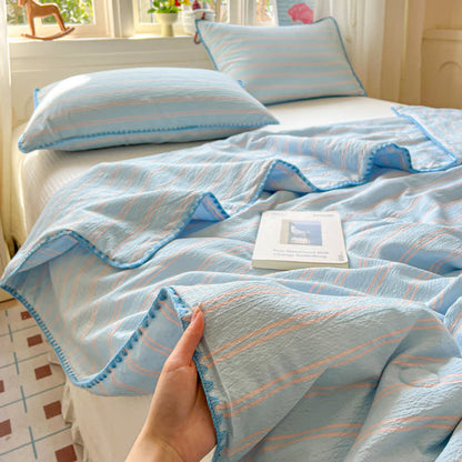 Couette en coton tricoté froissé à rayures menthe Ownkoti - Bleu - Reine - image 6
