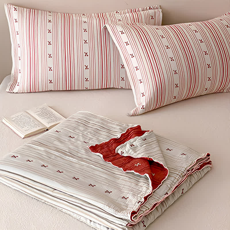 Ensemble de literie en coton lavé à rayures cerises et bordure rouge Ownkoti - image 3
