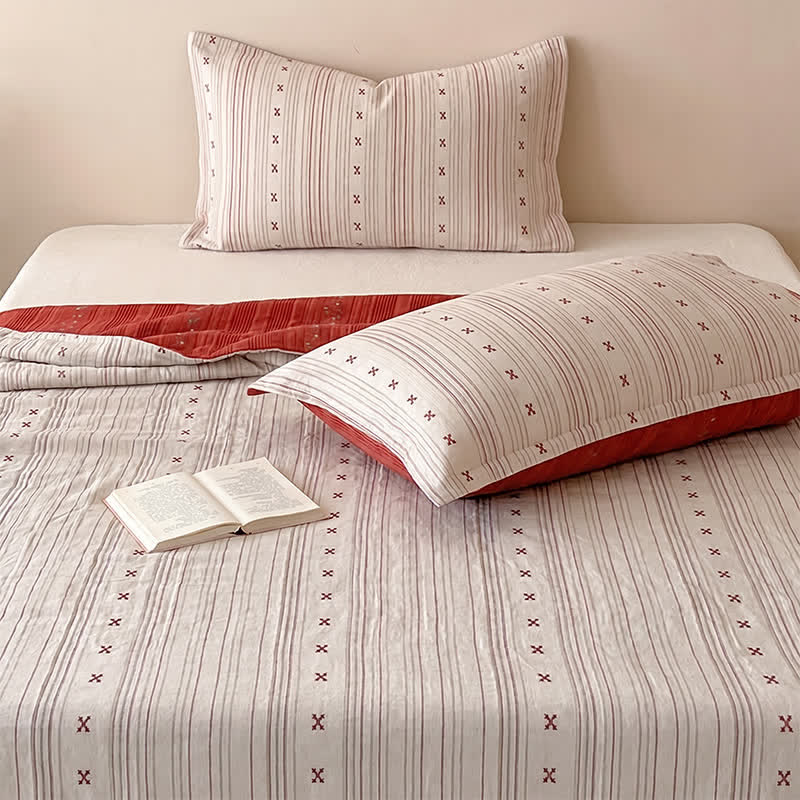 Ensemble de literie en coton lavé à rayures cerises et bordure rouge Ownkoti - Rose - Reine - Ensemble de literie (3 pièces) - image 0