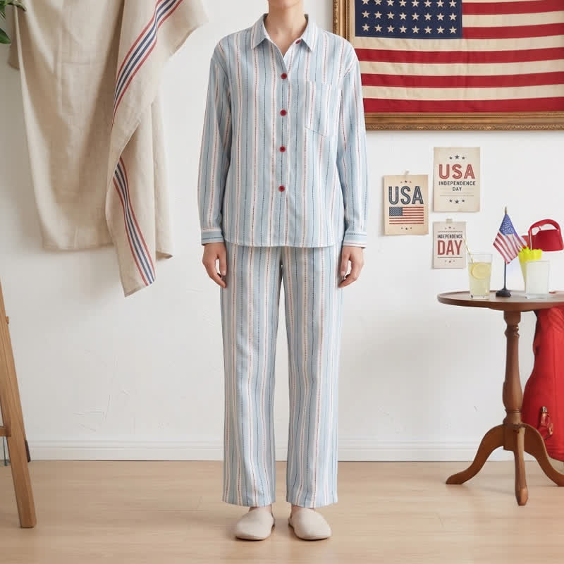 Pyjama double gaze à rayures bleues et accents rouges Ownkoti - image 1