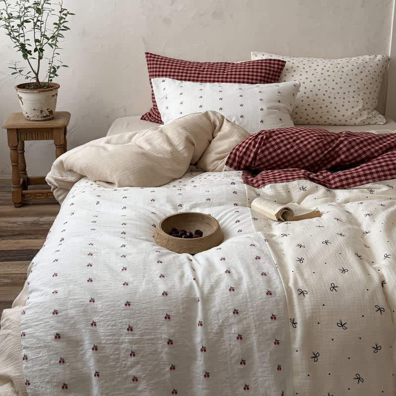 Ensemble de literie Ownkoti Cherry Gingham en coton lavé doux et confortable - Rouge - Feuille plate - Roi - image 0