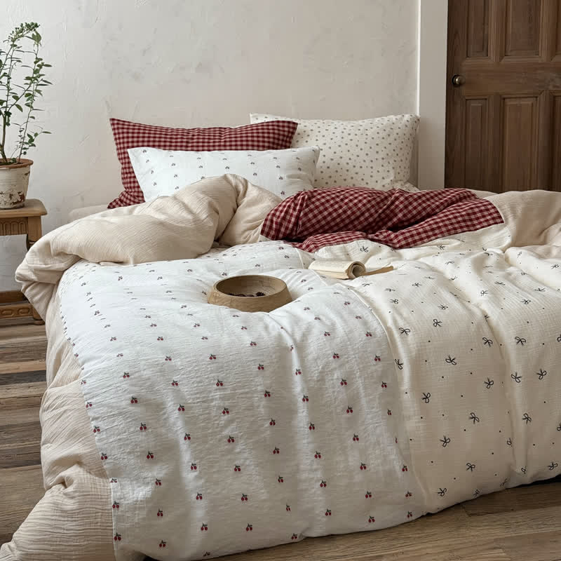 Ensemble de literie Ownkoti Cherry Gingham en coton lavé doux et confortable - image 2