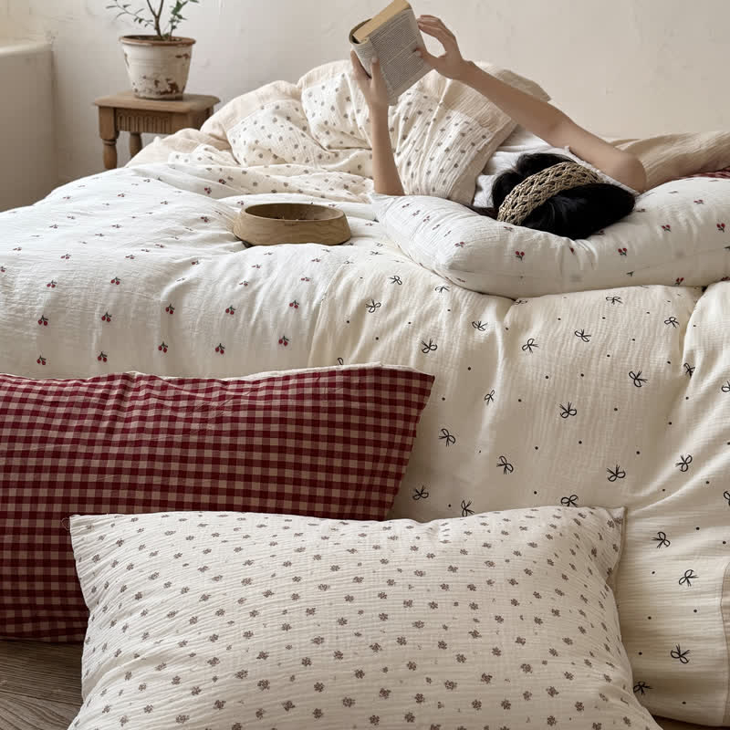 Ensemble de literie Ownkoti Cherry Gingham en coton lavé doux et confortable - image 4