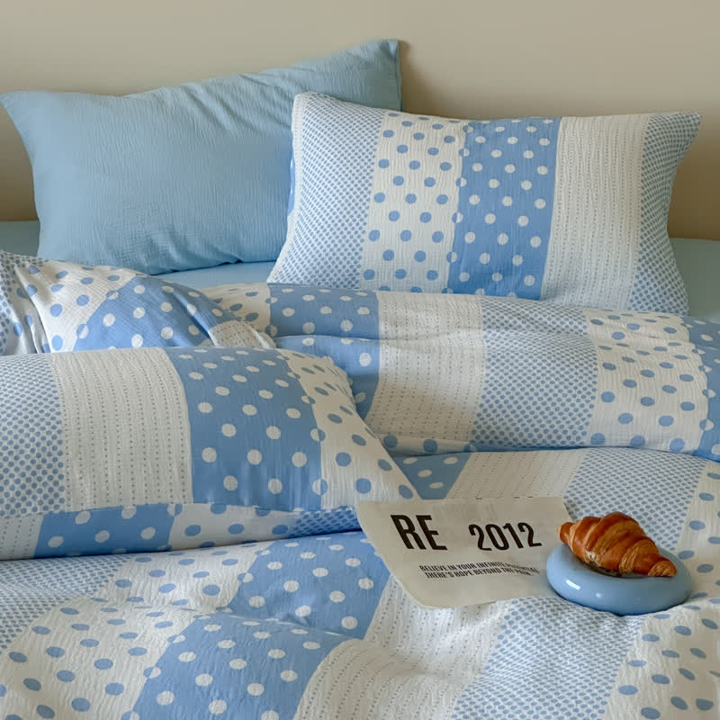 Ensemble de literie double gaze à pois patchwork Ownkoti - Bleu - Roi - Drap-housse - image 0