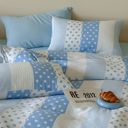 Ensemble de literie double gaze à pois patchwork Ownkoti - Bleu - Roi - Drap-housse - image 0
