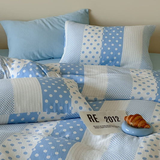 Ensemble de literie double gaze à pois patchwork Ownkoti - Bleu - Roi - Drap-housse - image 0