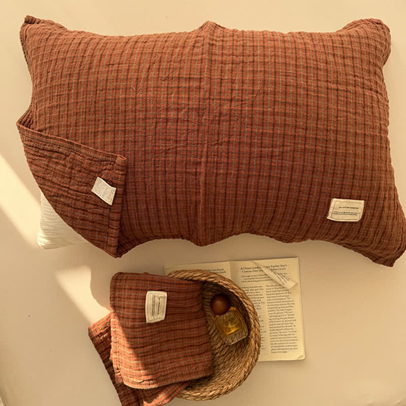 Housse de coussin Ownkoti Vintage Grid Double Gaze Coton - 20'' × 30'' - Rouge - 2 pièces - image 1