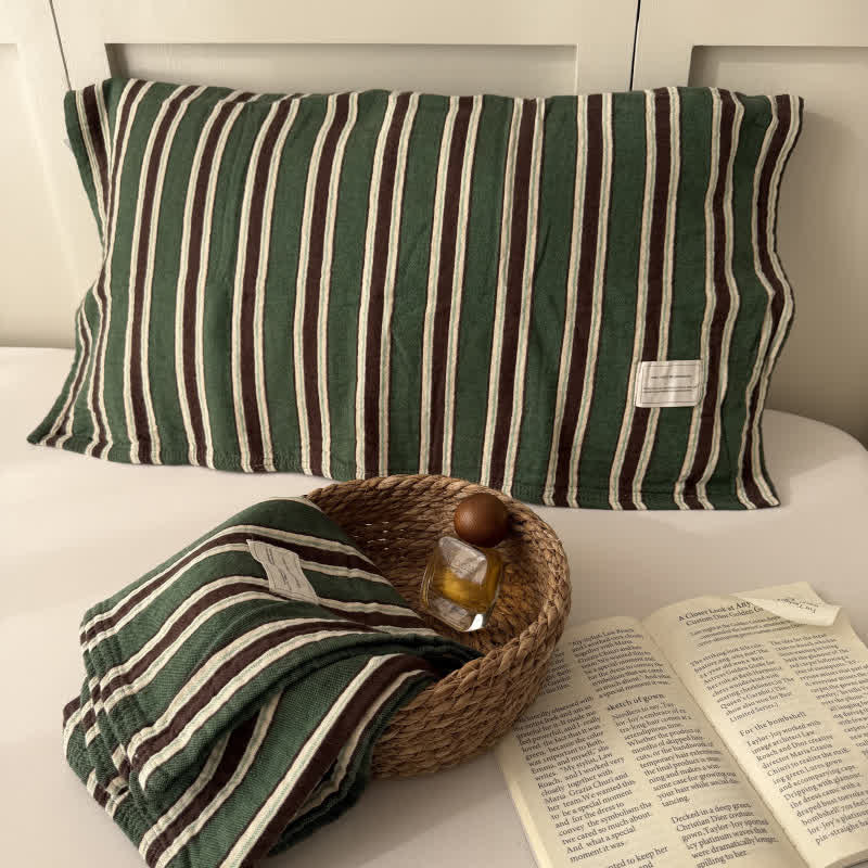 Housse de coussin Ownkoti Vintage Stripe en gaze de coton tissée à rayures vintage - 20" x 30" - Vert - 2 pièces - image 4