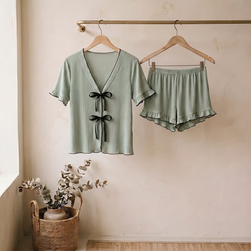 Ownkoti Pink Bow Detail Ruffle Hem Loungewear Set - Dark Sea Green - L - image 0