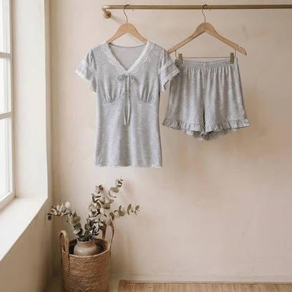 Ownkoti Mist Gray Lace Bow Loungewear Set - Gray - XL - image 0