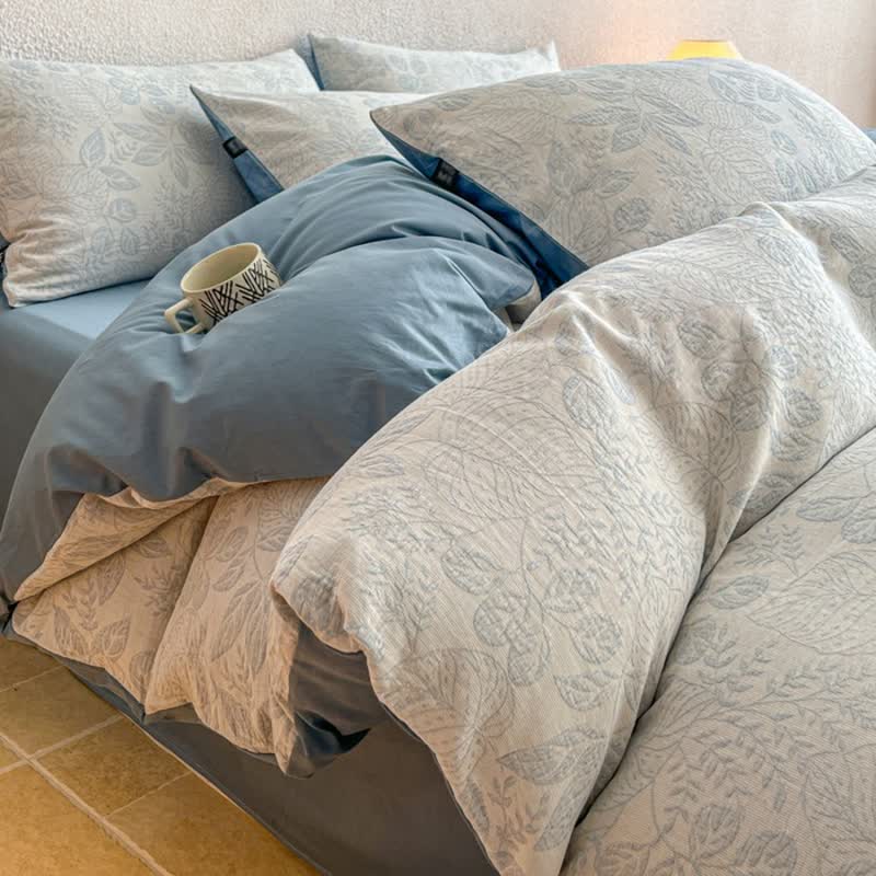 Ensemble de literie Ownkoti Botanical Whisper en coton jacquard lavé - Bleu - Roi - Feuille plate - image 3