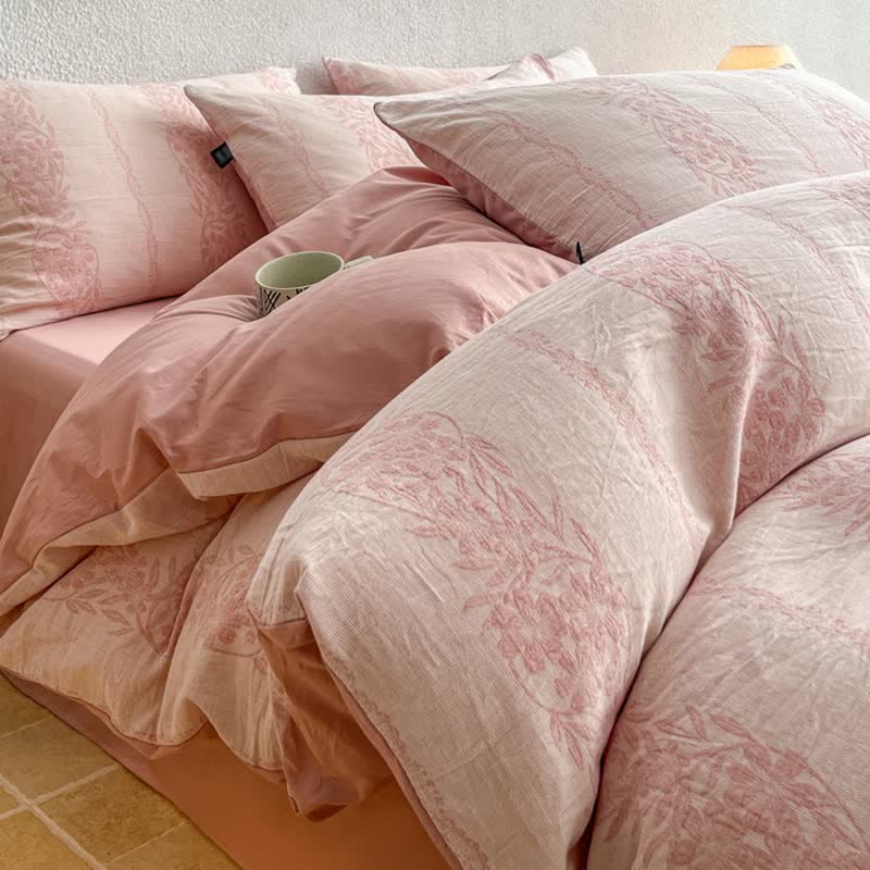 Ensemble de literie à motifs botaniques en jacquard de coton lavé Ownkoti - Rose - Roi - Feuille plate - image 0