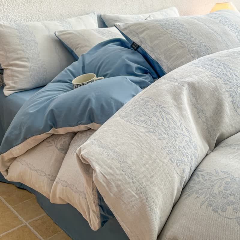 Ensemble de literie à motifs botaniques en jacquard de coton lavé Ownkoti - Bleu - Roi - Feuille plate - image 4