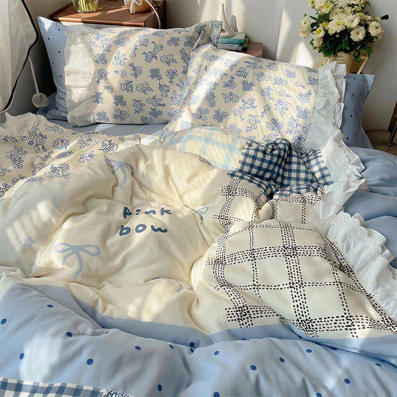 Parure de lit à volants en gaze de coton patchwork floral bleu brume Ownkoti - Bleu - Roi - Feuille plate - image 0