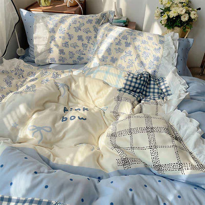 Parure de lit à volants en gaze de coton patchwork floral bleu brume Ownkoti - Bleu - Roi - Feuille plate - image 0