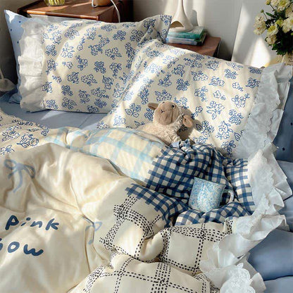 Parure de lit à volants en gaze de coton patchwork floral bleu brume Ownkoti - image 3