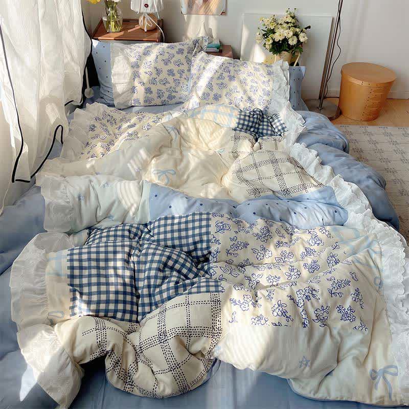 Parure de lit à volants en gaze de coton patchwork floral bleu brume Ownkoti - image 1