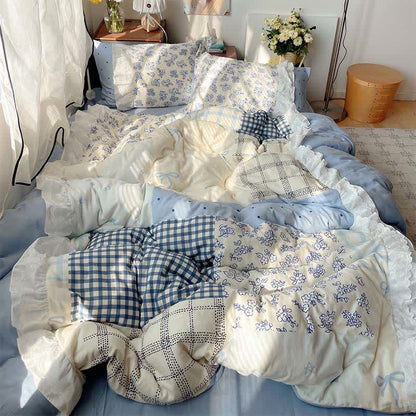 Parure de lit à volants en gaze de coton patchwork floral bleu brume Ownkoti - image 1