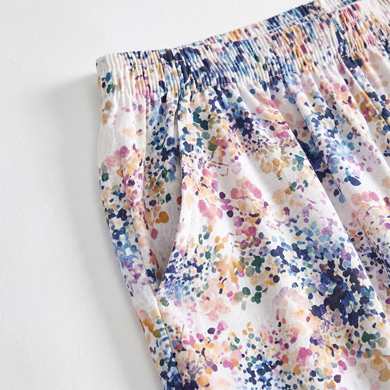 Short d'intérieur d'été en coton fleuri Ownkoti à taille smockée - image 2