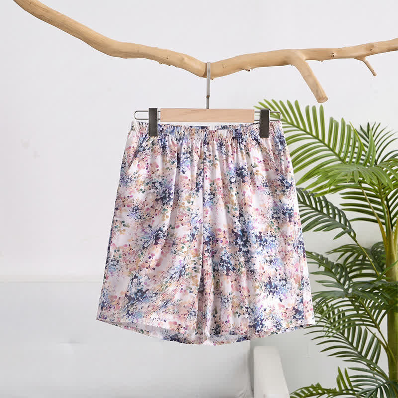 Short d'intérieur d'été en coton fleuri Ownkoti à taille smockée - Violet - 6XL - image 0
