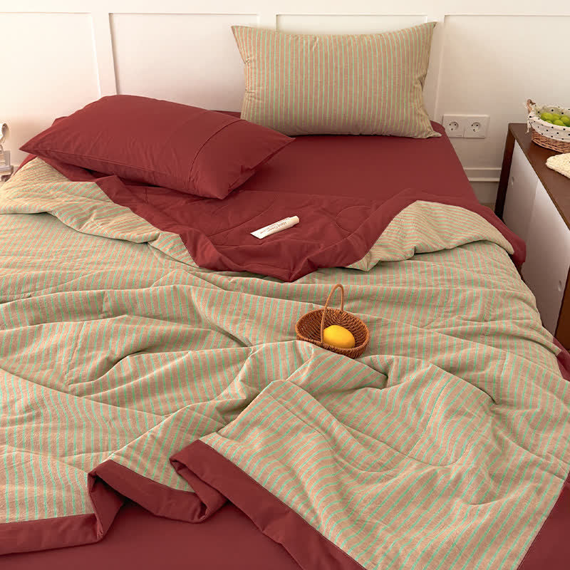 Ensemble de literie Ownkoti Cozy Farmhouse en coton rayé bicolore - Rouge orangé - Reine - Ensemble de literie - image 0