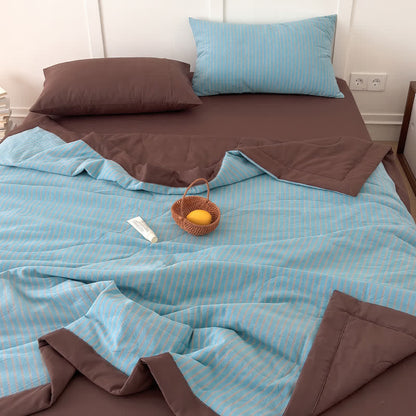 Ensemble de literie Ownkoti Cozy Farmhouse en coton rayé bicolore - Bleu-brun - Reine - Ensemble de literie - image 8