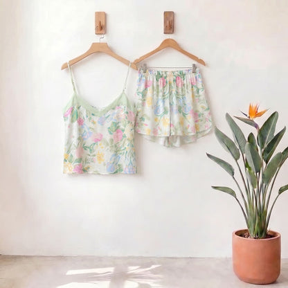 Ensemble de détente Ownkoti Mint Blossom en satin, débardeur et short - Melon miellat - XL - image 0